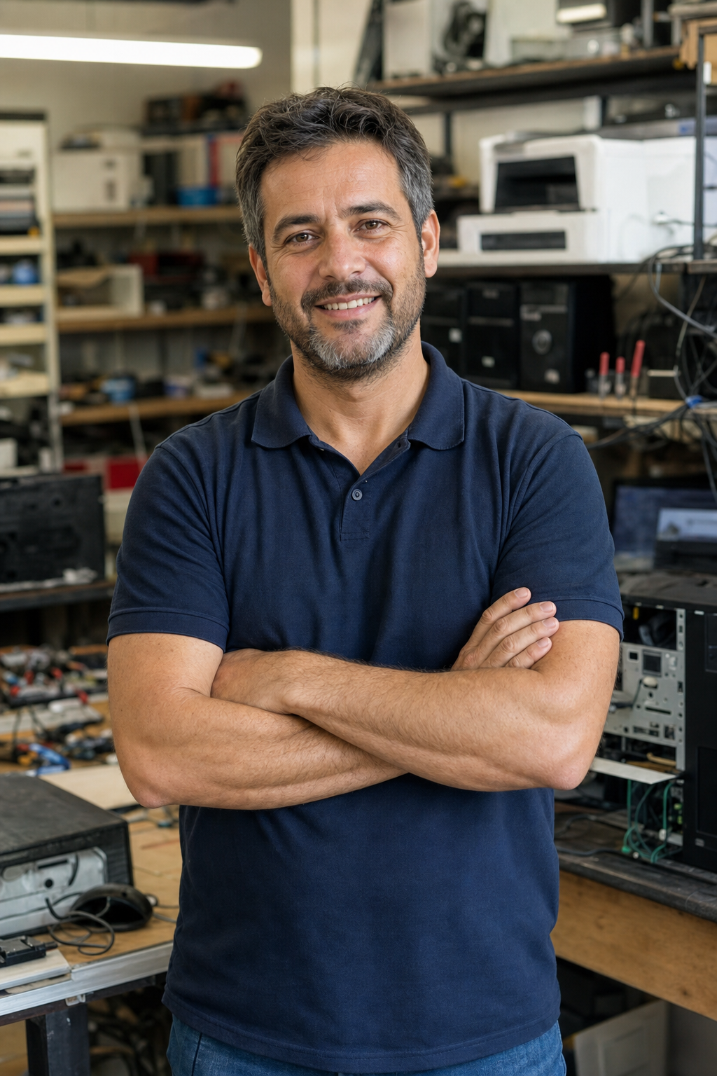 Portrait de Julien Perez, bras croisés, dans son atelier d'imprimantes et de PC à Privas