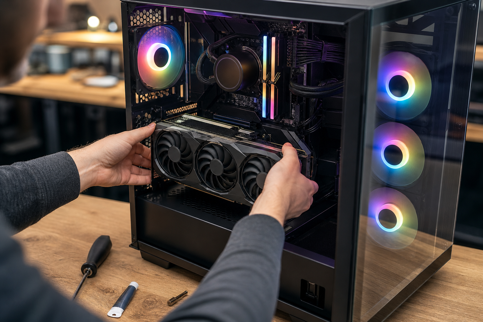 Technicien assemblant un PC sur mesure avec gestion de câbles soignée et composants RGB
