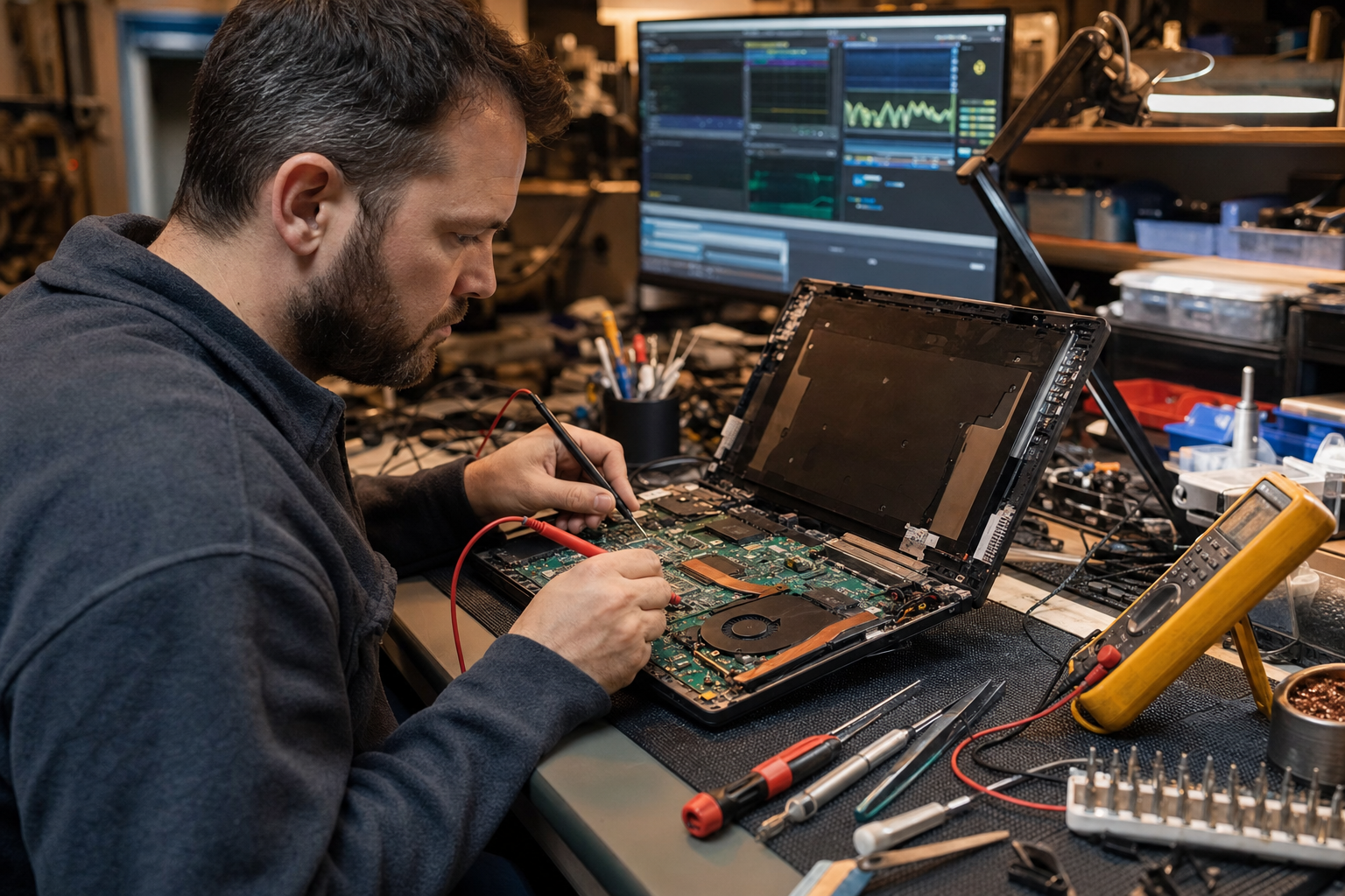Technicien effectuant un diagnostic complet sur un ordinateur portable ouvert, multimètre et logiciel de test à l'écran