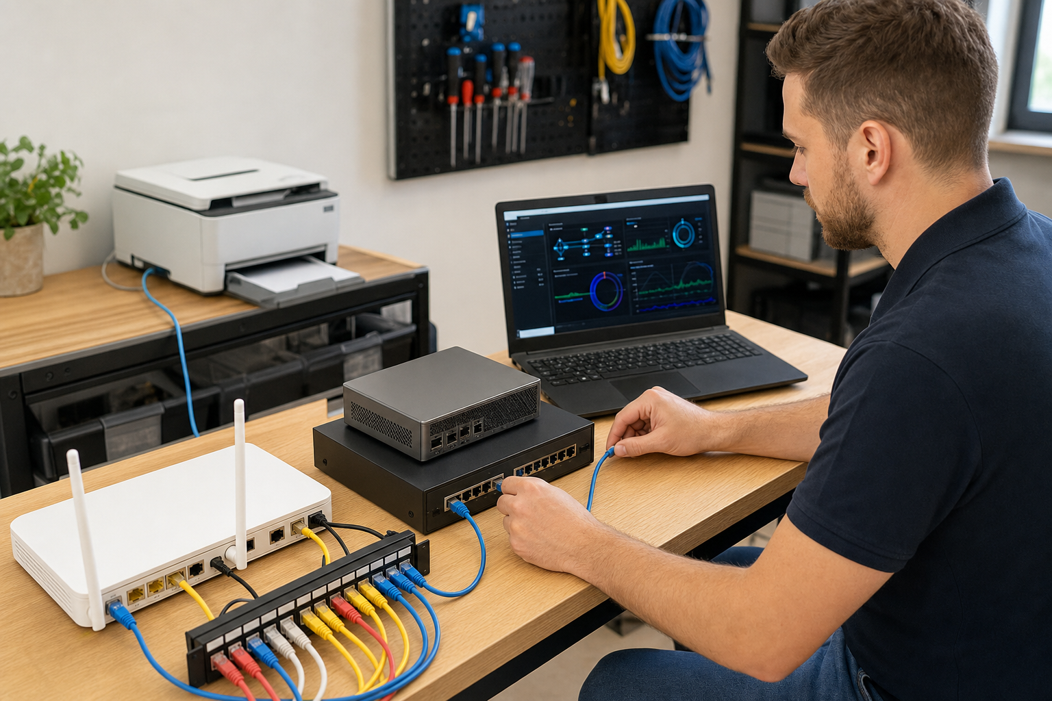 Technicien configurant un routeur et un switch réseau pour une installation Wifi professionnelle